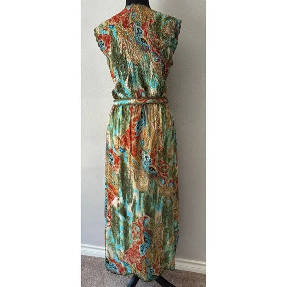 Vintage Ubu Paisley Floral Popcorn Maxi Dress Boho Scalloped Lace Trim Belted - Picture 3 of 14